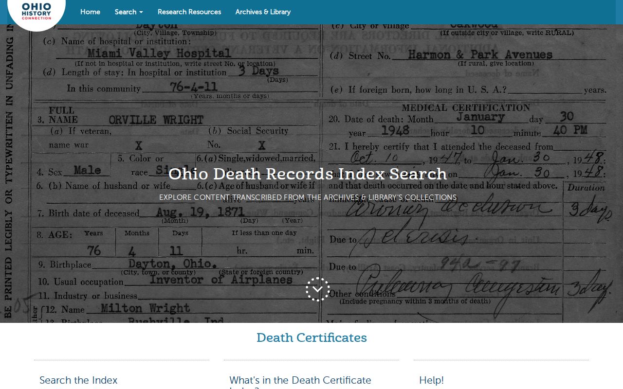 Grove City resident lookup using the Ohio historical death index