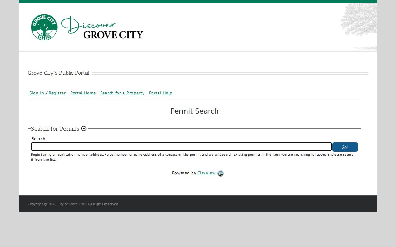Grove City street directory legacy CityView permit search